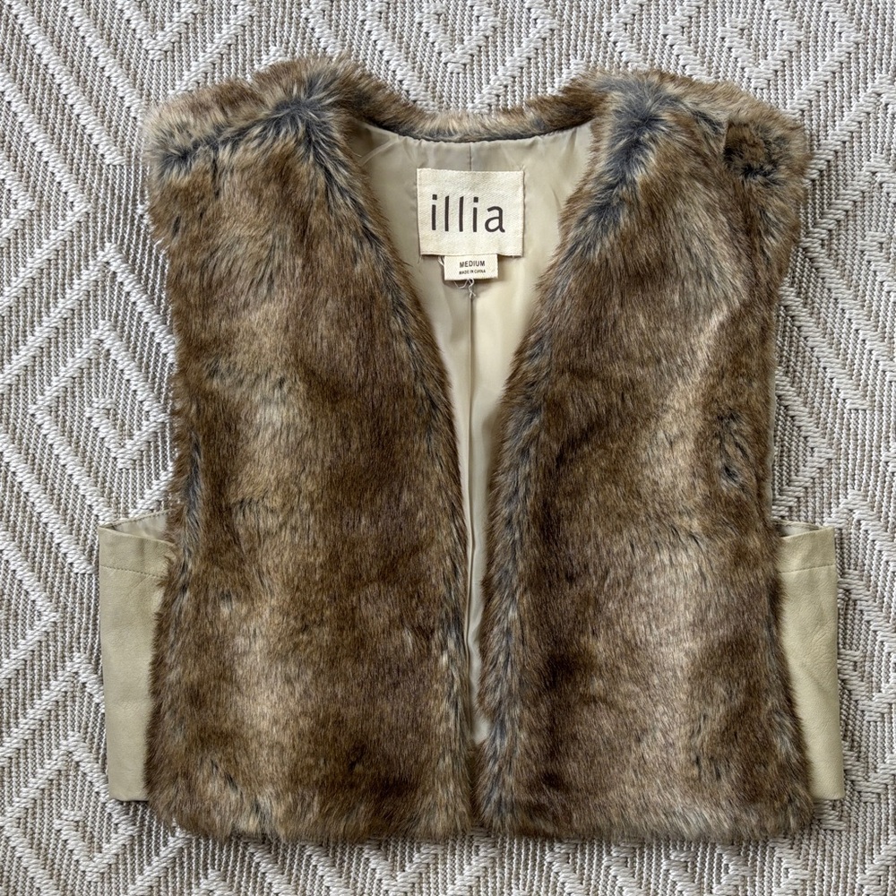 ILIA Faux Fur and Leather Cropped Vest in Rich Browns Size Medium